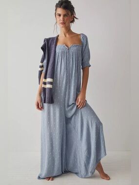 NWT Free People Last Chance Jumpsuit Intimately FP Blue Swiss Dot Wide Leg XS